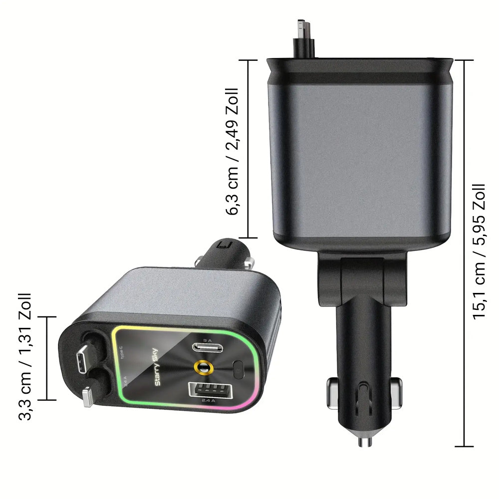 4-in-1 Auto-Schnellladegerät✨80cm Retractable Kabel & LED-Sternenhimmel– Passend für alle Fahrzeugtypen