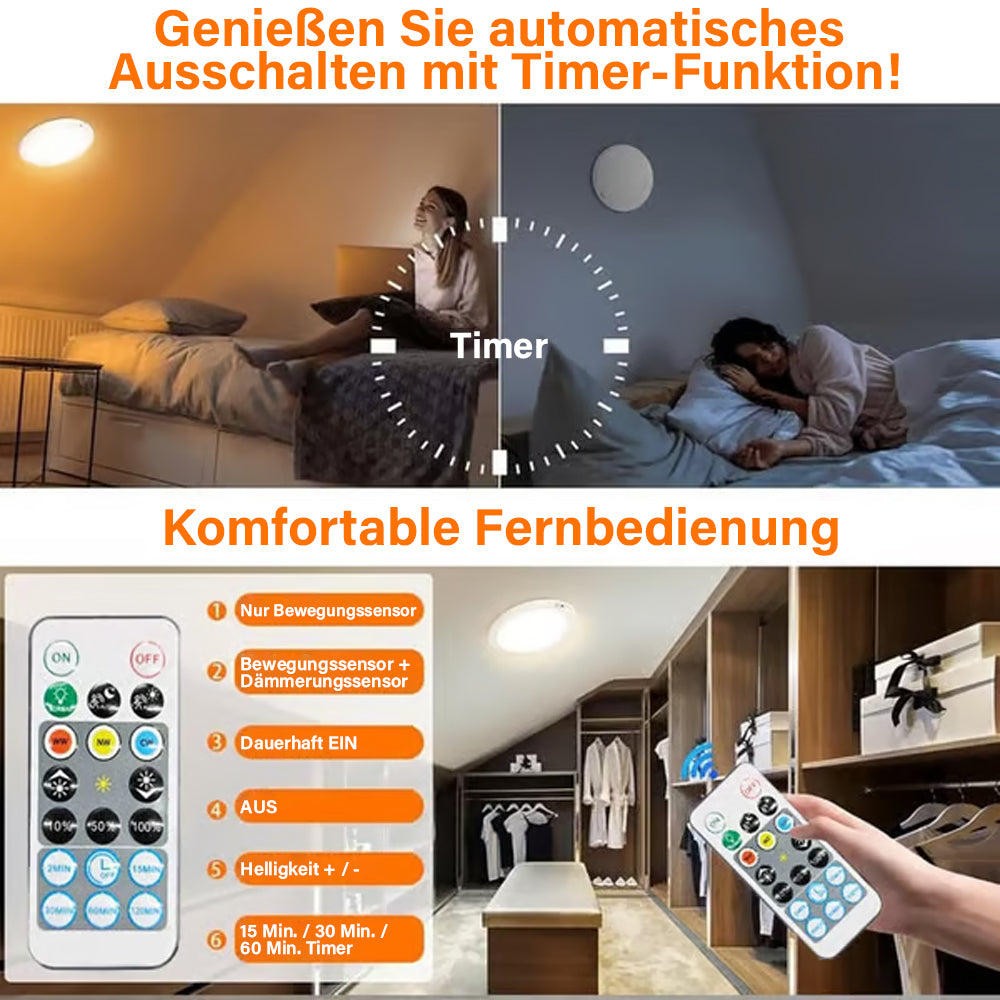 2026 Modell: Magnetische Sensor-Deckenleuchte – Wiederaufladbar & mit Fernbedienung✨Kabellose Montage für Schrank, Bad, Flur und Treppen