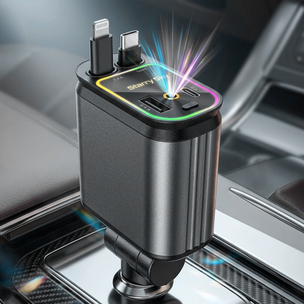 4-in-1 Auto-Schnellladegerät✨80cm Retractable Kabel & LED-Sternenhimmel– Passend für alle Fahrzeugtypen