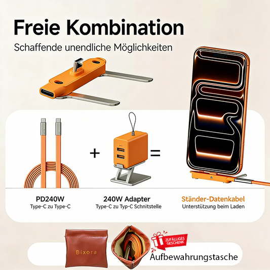 Tinycarry® 240W SuperCharge 360° drehbare unsichtbare Halterung, abnehmbares 2‑in‑1 Ladekabel, Zinklegierung & Silikon, Type‑C Kabel, kompatibel mit Apple und Samsung, unverzichtbar für Gaming, Büro und Auto up
