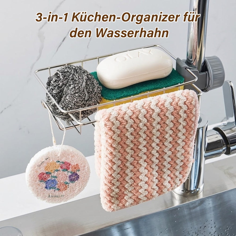 3-in-1 Küchen-Organizer für den Wasserhahn – Schwammhalter (passend für Scrub Daddy), Spülbürstenhalter & Seifenschale aus rostfreiem Edelstahl