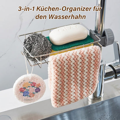 3-in-1 Küchen-Organizer für den Wasserhahn – Schwammhalter (passend für Scrub Daddy), Spülbürstenhalter & Seifenschale aus rostfreiem Edelstahl