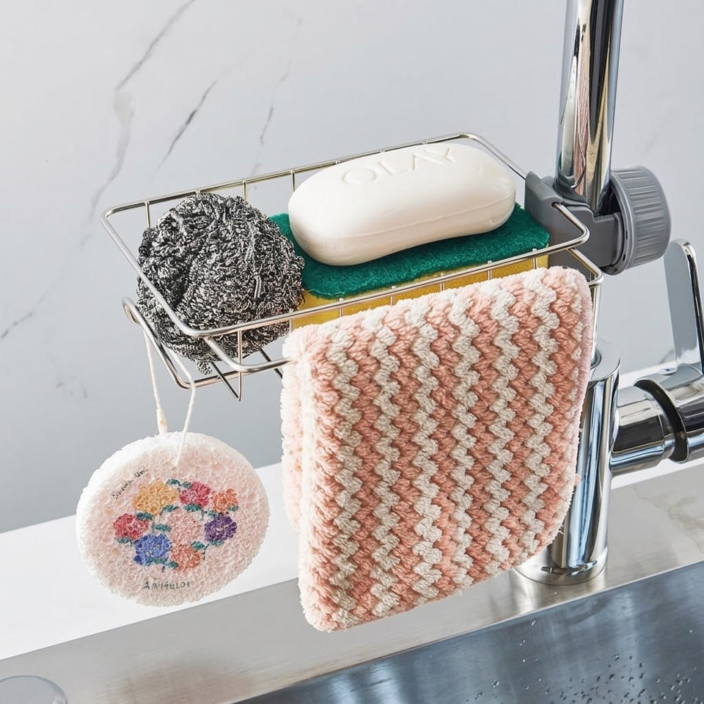 3-in-1 Küchen-Organizer für den Wasserhahn – Schwammhalter (passend für Scrub Daddy), Spülbürstenhalter & Seifenschale aus rostfreiem Edelstahl