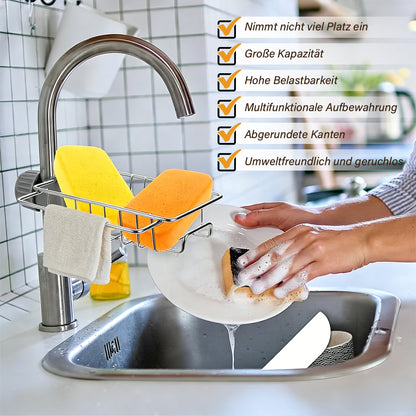3-in-1 Küchen-Organizer für den Wasserhahn – Schwammhalter (passend für Scrub Daddy), Spülbürstenhalter & Seifenschale aus rostfreiem Edelstahl