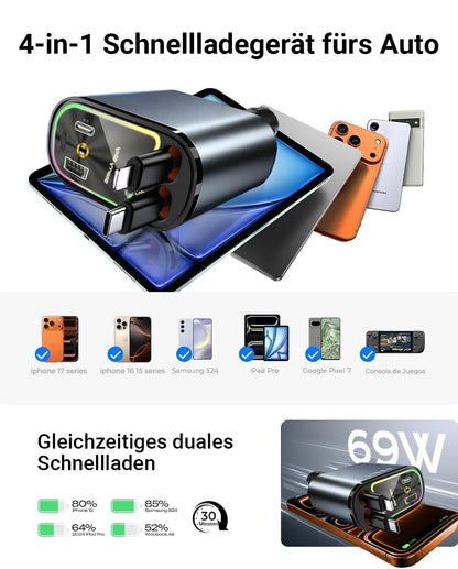 4-in-1 Auto-Schnellladegerät✨80cm Retractable Kabel & LED-Sternenhimmel– Passend für alle Fahrzeugtypen