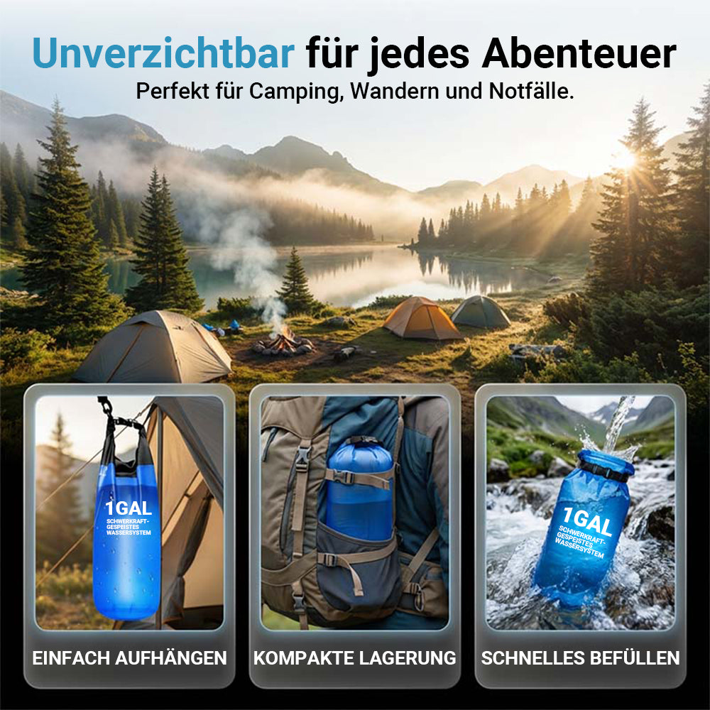 Tragbares Schwerkraft-Wasserfiltersystem – 3.79L/6L Outdoor-Wasserbeutel – Ideal für Camping, Wandern & Notfallvorsorge