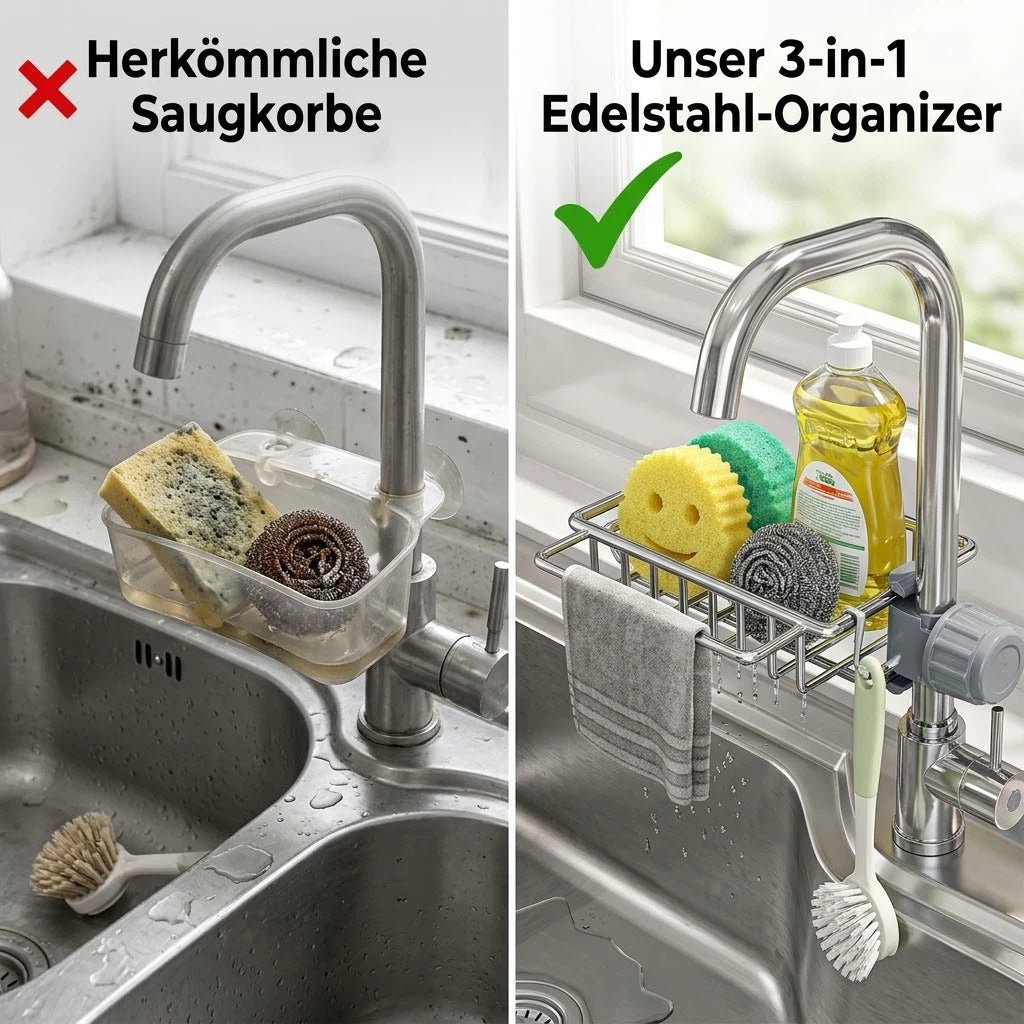 3-in-1 Küchen-Organizer für den Wasserhahn – Schwammhalter (passend für Scrub Daddy), Spülbürstenhalter & Seifenschale aus rostfreiem Edelstahl